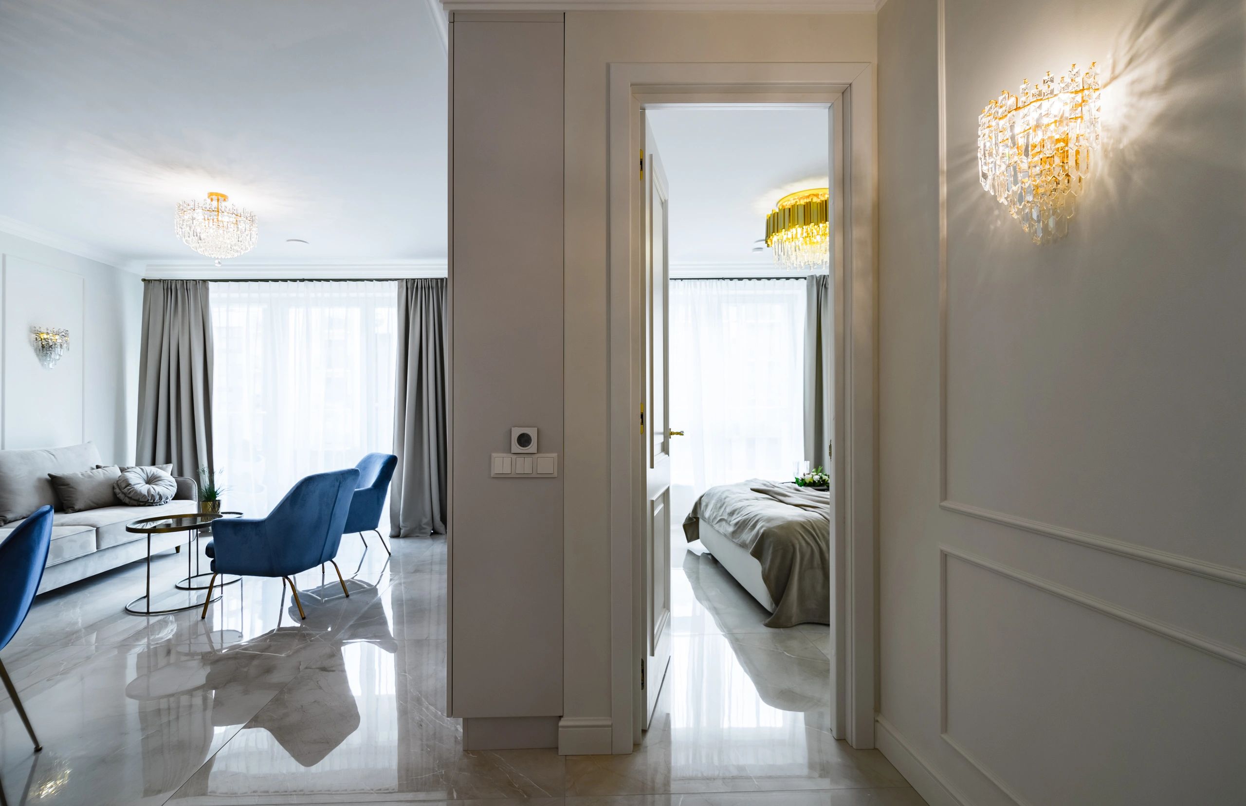 Open home interior connected to adjacent spaces for multi-room audio